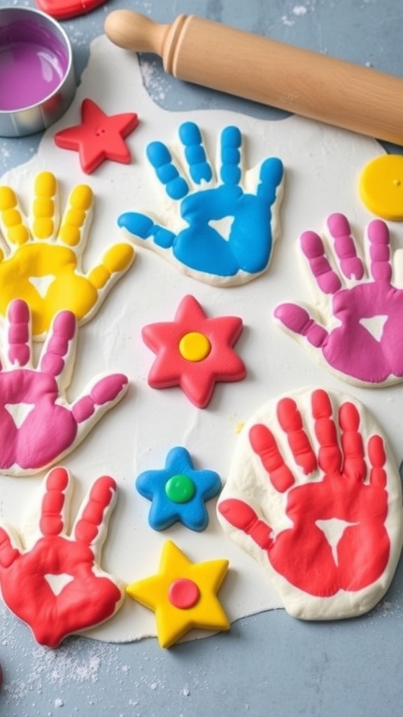 Colorful handprint dough shapes and handprints on a crafting table with tools.
